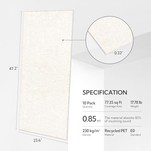 Olanglab Acoustic Wall Panels, 10 Pack, 48" x 24", Plain Light Beige