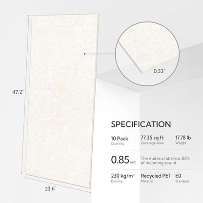 Olanglab Acoustic Wall Panels, 10 Pack, 48" x 24", Plain Light Beige