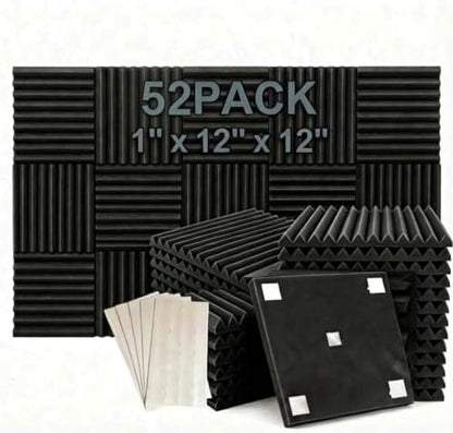 52 Pack 12 "X 12 "X1" Acoustic Panels Studio Soundproofing Foam Wedge Tiles(Accompanied By Double-Sided Adhesive Tape) (52BLACK)