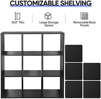 SUPER DEAL 9 Cube Open Shelf Bookcase 3 Tier Bookshelf Wood Cabinet Storage Organizer Display Shelves with 5 Removable Back Panels for Home, Office, Bedroom, Living Room, Black