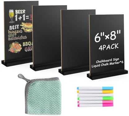 EHWINE Mini Chalkboard Easel Sign Set,4 Pack 6x8 Inch Wooden Boards with Acrylic Base and Liquid Chalk Markers, Reusable Double Sided Tabletop Display for Wedding, Restaurant, Party, Coffee Shop Decor