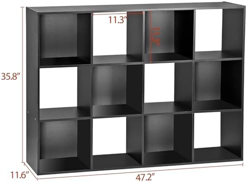 12 Cube Storage Organizer, Storage Shelf Organizer Bookshelf with Open Back, Open Shelf Bookcase, Wood Cubby Closet Cabinet Display Unit with 6 Removable Back Panels for Living Room Bedroom, Black