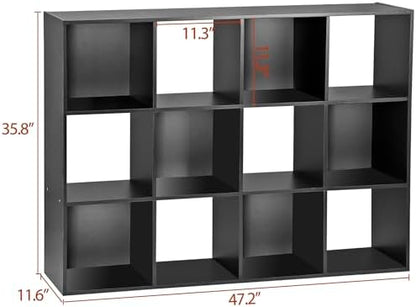 12 Cube Storage Organizer, Storage Shelf Organizer Bookshelf with Open Back, Open Shelf Bookcase, Wood Cubby Closet Cabinet Display Unit with 6 Removable Back Panels for Living Room Bedroom, Black