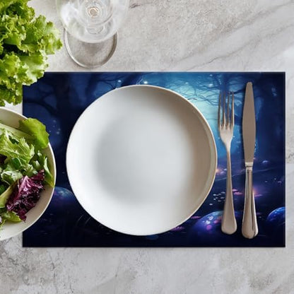 Batmerry Night Forest Glowing Elements Linen Placemats Set of 6, Mysterious Night Forest Scene Washable Table Mats for Kitchen Table Thickened Heat Insulation Dining Set Indoor Outdoor 12X18 in