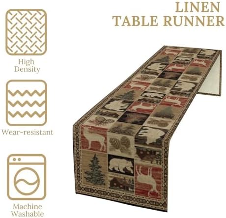 Rustic Bear Table Runner, Vintage Cottage Country Style Pine Tree Elk Wildlife Dinner Runner for Home Kitchen Dining Table Decoration 13"x108"
