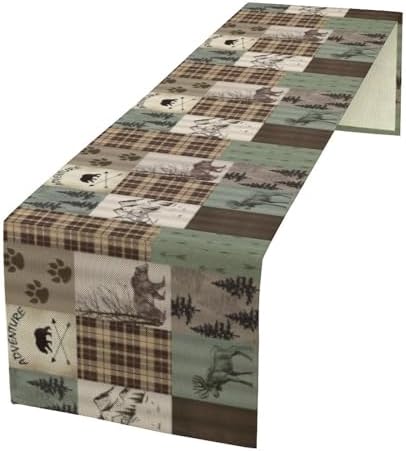 Rustic Moose Deer Bear Table Runner, Retro Vintage Bear Cottage Country Style Cabin Farmhouse Dinner Runner for Home Kitchen Dining Table Decoration 13"x60"