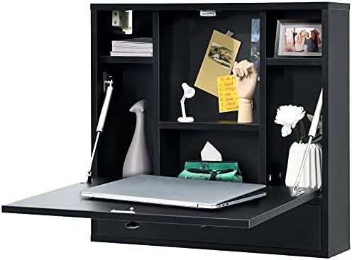 COSTWAY Wall-Mounted Computer Desk, Floating Desk with Storage Drawer & Shelves, Fold-up Desktop & Pneumatic Springs, Ideal for Home, Office, Dormitory, Small Spaces (Black)