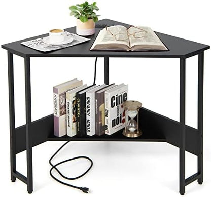 COSTWAY Corner Computer Desk, with USB Ports & Power Outlet, Storage Shelf for Small Space, Triangle Steel Frame Corner Desk for Home Office, Workstation (Black)