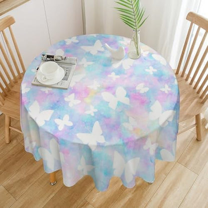 Rainbow Butterfly Tablecloth, Colorful Pink Blue White Butterflies Cartoon Print Table Cover for Farmhouse Kitchen Dining Room Table Decor, 70x70in