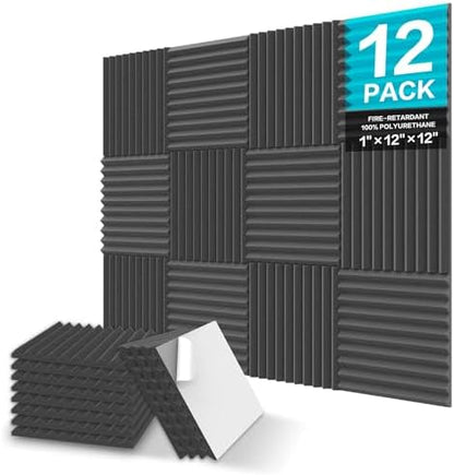JBER 12 Pack Sound Proof Foam Panels, 1" X 12" X 12" Self-Adhesive Acoustic Foam Panels, Acoustic Panels Wedges High Density, Soundproof Wall Panels for Treatment Home Studio - Black