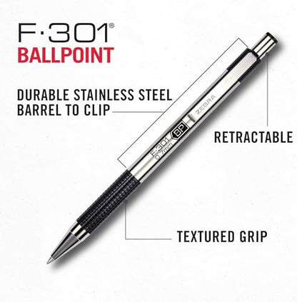 Zebra Pen STEEL F-301 Retractable Ballpoint Pen, Black Ink, 0.7mm, 12-Pack
