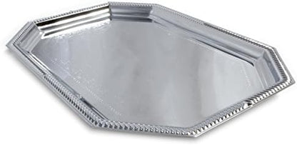 (Pack of 4) Elegant Floral Engraved Serving Tray Chrome Plated Steel Plate Platter Decorative Wedding Birthday Party Shiny Silver Color (Octagonal 20.1" x 13.8")