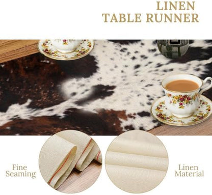 Cow Animal Skin Print Table Runner, Rustic Cottage Country Farm Animal Fur Skin Pattern Western Style Black Brown Cowhide Print Dinner Runner for Home Kitchen Dining Table Decoration 13"x108"