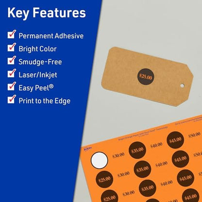 Avery Printable Round Labels, Sure Feed Technology, 3/4" Diameter, Bright Orange Labels, Print-to-the-Edge, Laser/Inkjet, 3,200 Total, Great for Price Stickers and Mailing Seals