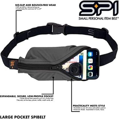 SPIbelt Running Belt for Women Men, Phone Holder for Running, Running Fanny Pack, Holder for Phone, Running Waist Pack, Adjustable Waist, [Fits All Phones]. Black White Polka Dot/Black Zipper