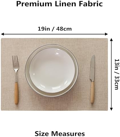 Demetex Placemats Set of 6 Heat Resistant Dining Table Mats Linen Cloth Placemats for Kitchen Indoor Outdoor Place Mats, Light Linen