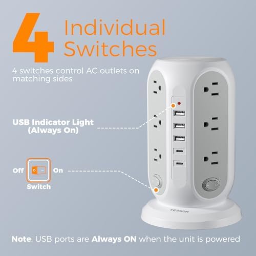 TESSAN Tower Power Strip Surge Protector, Flat Extension Cord 5 Ft, Grey
