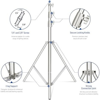 NEEWER 2Pcs 9.2ft Stainless Steel Light Stands, Spring Cushioned Heavy Duty Photography Tripod Stand with 1/4"-3/8" Adapter for Strobe Video Ring Light Monolight Softbox, 22lb Max Load, ST-280SS