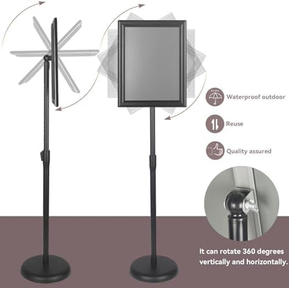 YDisplay Adjustable Sign Holder Stand with Base 11x17inches Aluminum Snap Open Frame Pedestal Sign Stand,Vertical and Horizontal View Sign Displayed, Round Base for Church Shool Office,Black