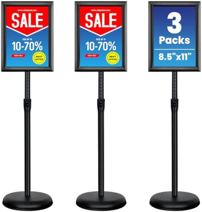 3 Pack 8.5x11 Inch Sign Holder Stand, Adjustable Pedestal Sign Stand, Heavy Duty Floor Standing Sign Holder, Aluminum Snap Open Frame Poster Stand, Vertical & Horizontal Display (Black)