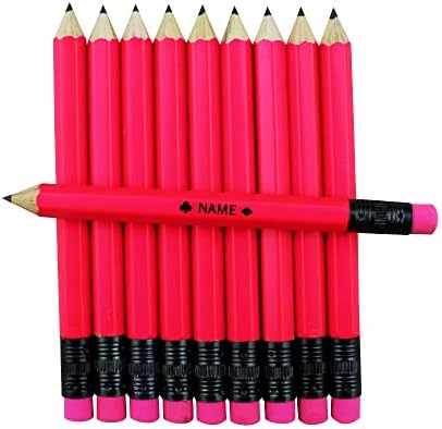 EZPENCILS & GIFTS - Golf Pencils Tipped with Eraser (1/2 a Pencil - Pew Pencils) - Neon Pink Colored Barrel - FREE-PERSONALIZATION - 2HB Black Lead - Custom Text - Non-Smear Eraser – Package of 10
