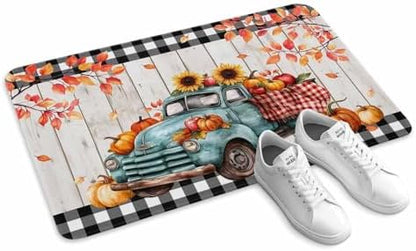 Fall Door Mat Harvest Pumpkin Teal Truck Doormat Sunflower Maple Leaves Wood Plaid Harvest Thanksgiving Welcome Mat Non Slip Entryway Front Rug Floor Mat for Indoor Outdoor Kitchen Autumn 18x30