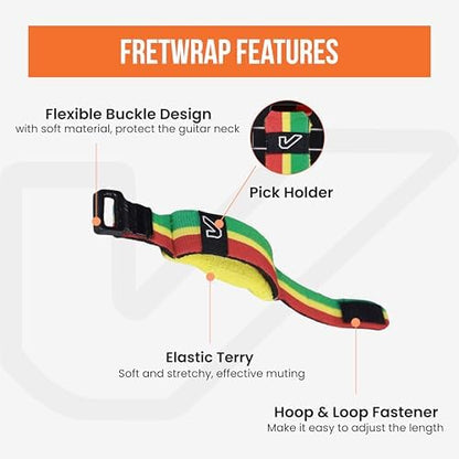 Gruv Gear Fret Wrap & Guitar Mute, Fretwrap for Acoustic, Electric & Bass | String Dampener Recording, Tapping & Practice Accessory (1 Pack, Large Red/Yellow/Green, Fits 6 String Bass, 8 String