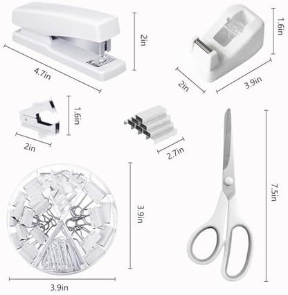 Office Supplies, White Desk Accessories,Desk Organizer,Phone Stand,Scissors,Stapler,Tape Dispenser,Binder clips,Staples,staple remover,Sticky Notes,Index Tabs,Clear Tape,Mini Box Cutter,Cool Pen.16pcs