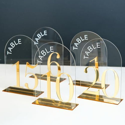 Clear Arch Wedding Table Numbers 1-20, Gold Numbers and Stands