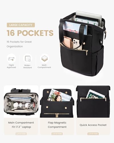 LOVEVOOK 17.3 Inch Laptop Backpack for Women, Large Capacity Travel Backpack with Organizer Bag, Waterproof Carry on Backpack Work Bag with USB Port, Teacher Nurse Backpack Purse, 2PCS, Black
