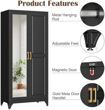 SteeLoong 71”Armoire Wardrobe Close,Black Wardrobe Cabinet with Mirror Door