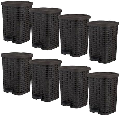 Superio Mini Trash Can with Foot Pedal Small Outdoor Garbage Can with Lid, 1.5 Gallon Plastic Waste Basket for Bathroom, Bedroom, Kitchen, Office, Patio (Wicker Brown 6 QT.), 8 Pack