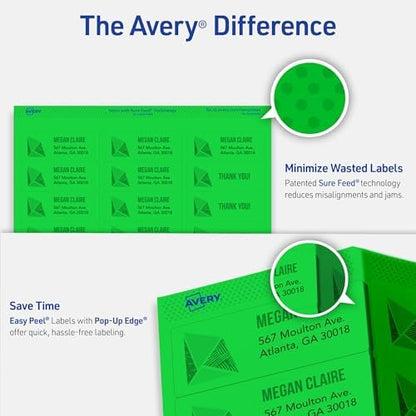 Avery Printable Address Labels with Sure Feed, 1" x 2-5/8", Neon Green, Laser & Inkjet Compatible, 750 Blank Labels per Pack, Great for Branding, Mailing, Organizing, and More (5-Pack of 5971)