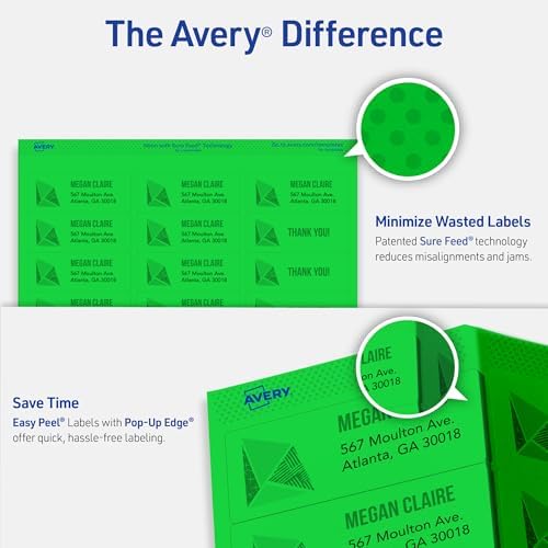 Avery Printable Address Labels, Sure Feed Technology, 1" x 2-5/8", Neon Green, Laser & Inkjet Compatible, 750 Blank Labels Total, Great for Branding, Mailing, Organizing, and More (5971)