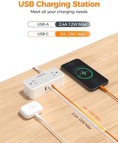 TESSAN Extension Cord 15 FT, Power Strip with 900J Surge Protection, Grey