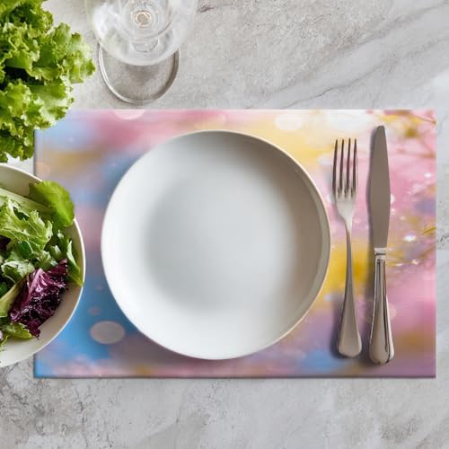 Batmerry Pastel Rainbow Placemats,Glitter Stars Marble Galaxy Clouds Washable Linen Table Mats for Kitchen Table Double Insulation Decor Dining Set Indoor Outdoor 12X18 in Set of 4