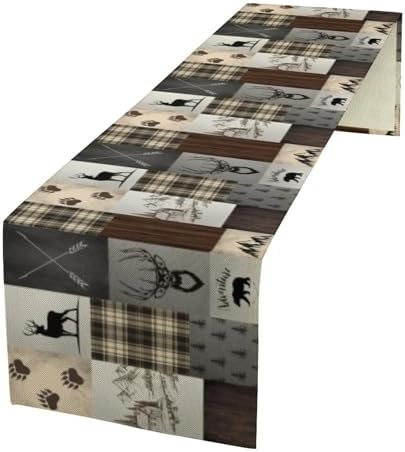 Rustic Cabin Moose Deer Bear Table Runner, Retro Vintage Bear Cottage Country Style Cabin Farmhouse Dinner Runner for Home Kitchen Dining Table Decoration 13"x120"