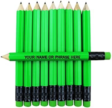 EZPENCILS & GIFTS - Golf Pencils Tipped with Eraser (1/2 a Pencil - Pew Pencils) - Neon Green Colored Barrel - FREE-PERSONALIZATION - 2HB Black Lead - Custom Text - Non-Smear Eraser – Package of 10