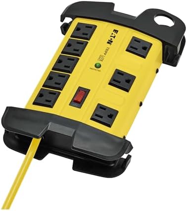 Tripp Lite Eaton TLM812SA Heavy Duty Power Strip with Surge Protection, 8 Outlets, 1500 Joules, Yellow Metal Housing, 12ft Cord, Keyhole Mounting Slots, Cord Wrap, Industrial Garage Work Shop Bench