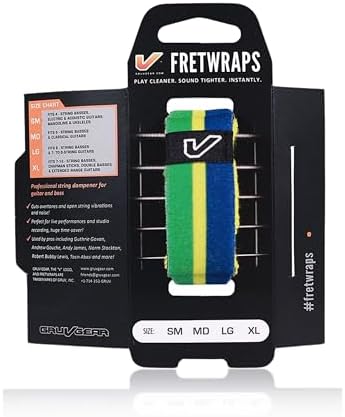 Gruv Gear Fret Wrap & Guitar Mute, Fretwrap for Acoustic, Electric & Bass | String Dampener Recording, Tapping & Practice Accessory (1 Pack, Small Green/Yellow/Blue, Fits 4 String Bass, 6 String