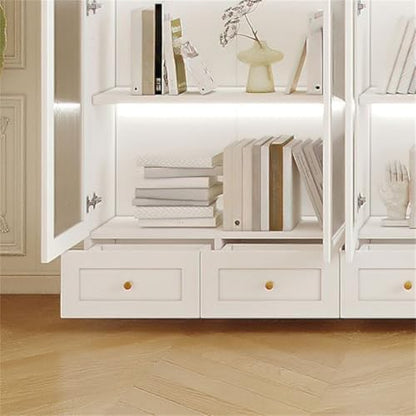 4-Tier Wood Barrister Bookcase with Multiple Drawers & Shelves Bookcase Bookshelf Integrated Home Living Room Study Cabinet Modern Display Cabinet Shelf White 110" L x 13" W x 79" H