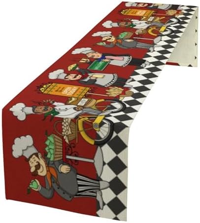 Retro Chef Table Runner,Farmhouse Burlap Table Runners for Party Wedding, Chef Decorations for The Kitchen, Chef Kitchen Decor 13x90in