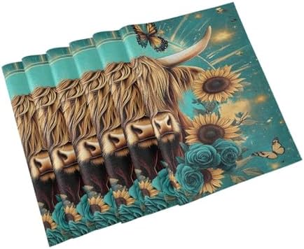 ALAZA Highland Cow Butterfly Rose 1 PC Placemats Rectangle Table Mat for Dining Table Restaurant Kitchen Home Decor, 12" x 18"