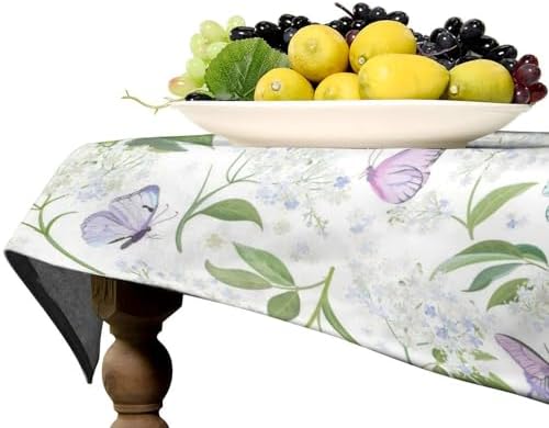 Butterfly Floral Tablecloth, Spring Summer Watercolor Flowers Plants Leaves Print Table Cover for Party Picnic Dinner Decor 55x75in