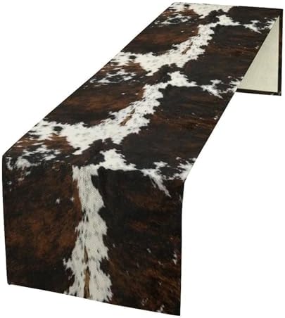 Vintage Cow Print Table Runner, Rustic Cottage Country Farm Animal Fur Skin Pattern Western Style Black Brown Cowhide Print Dinner Runner for Home Kitchen Dining Table Decoration 13x120 Inch