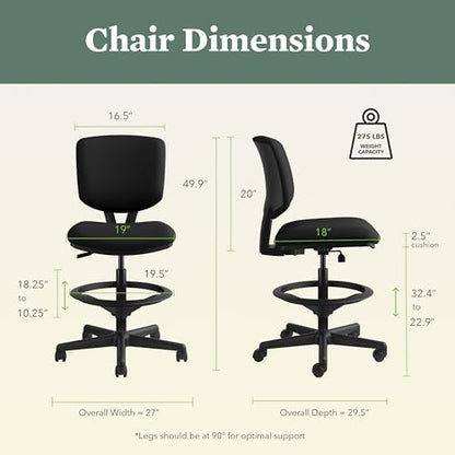 HON Volt Ergonomic Office Stool, Armless, Office Desk Computer Chair, Black