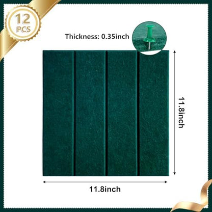 12 Packs Dark Green Felt Pin Board, Large 12" Bulletin Board with 30 Push Pins, Felt Board Slat Wall Paneling for Office Home Kitchen, Self-Adhesive Corkboard Tiles for Classroom Message Photos Memos