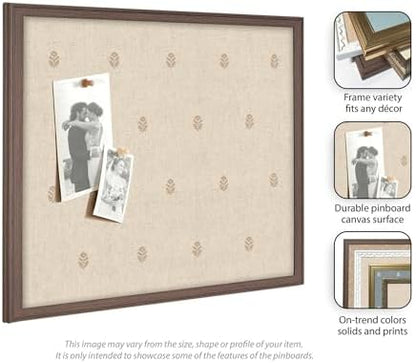 Kate and Laurel Framed Fabric Pinboard 18 x 42, Beige Botanical Block Print Printed Linen Classic Bulletin Board for Use as a Vision Board or Wall Organization, Florence Medium Brown Frame