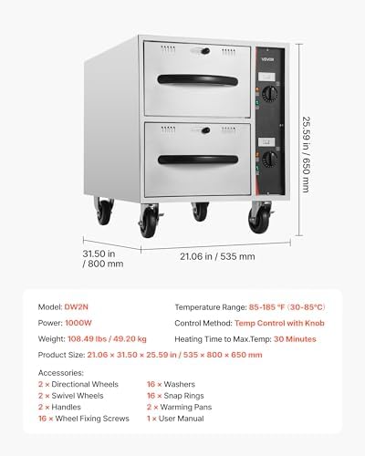VEVOR Commercial Electric Drawer Warmer,2 Full-Size Pan Stainless Steel Food Warmer,Freestanding Standard Warming Drawer Cabinet,85°F–185°F Wide Temperature Range,for Restaurant, Hotel Buffet & Bakery