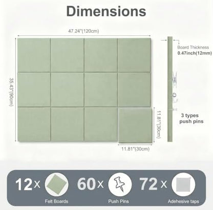 0.47" Thick Felt Wall Tiles 48"x36" Cork Board Alternative 12 Pack 11.81"x11.81"Felt Bulletin Board Pin Board with Removable Adhesive Tape&60 Pushpins for Home Office School(Flat-Sage)